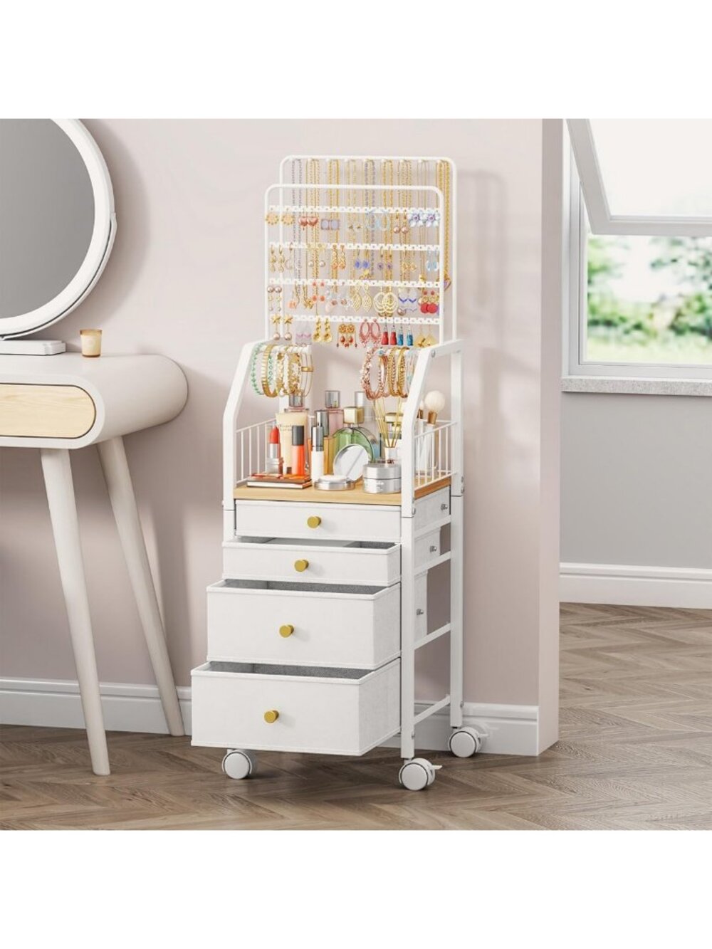Multifunctional Jewelry Organizer Cabinet with 4 Drawers & Wheels - Necklace
